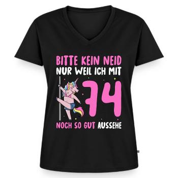 Bitte Kein Neid 74 Geburtstag - Frauen Premium Bio T-Shirt mit V-Ausschnitt - Schwarz - Vorne - AI Model Female 172 light (172cm)