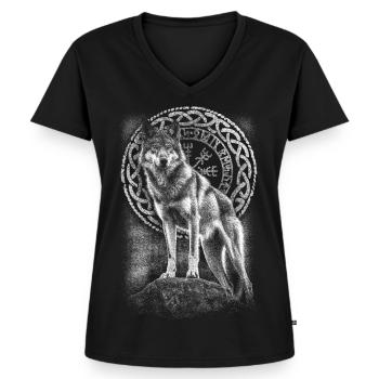 Wolf Vegvisir Rune - Frauen Premium Bio T-Shirt mit V-Ausschnitt - Schwarz - Vorne - AI Model Female 172 light (172cm)