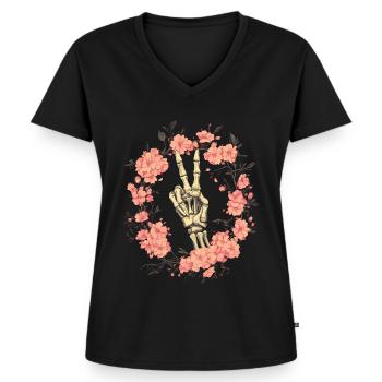 Signe de paix de la main squelette - T-shirt encolure en V Premium bio Femme - noir - Devant - AI Model Female 172 light (172cm)