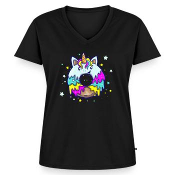 Donut Lustig Einhorn Unicorn Süß Dessert Zucker - Frauen Premium Bio T-Shirt mit V-Ausschnitt - Schwarz - Vorne - AI Model Female 172 light (172cm)