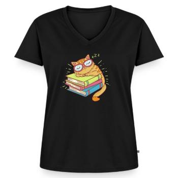Buch Bücher lesen Leseratte Katze Kätzchen - Frauen Premium Bio T-Shirt mit V-Ausschnitt - Schwarz - Vorne - AI Model Female 172 light (172cm)