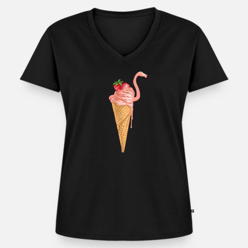 Flamingo Eiswaffel - Frauen Premium Bio T-Shirt mit V-Ausschnitt - Schwarz