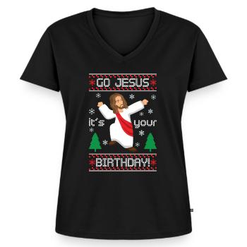 Go Jesus Its Birthday Christmas Sweater - Vrouwen Premium Bio T-shirt met V-hals - zwart - Voor - AI Model Female 172 light (172cm)