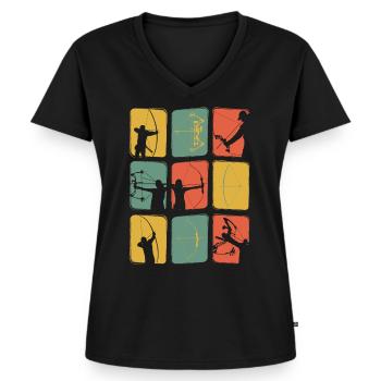 Bogenschießen Vintage Retro Recurve Compound Bogen - Frauen Premium Bio T-Shirt mit V-Ausschnitt - Schwarz - Vorne - AI Model Female 172 light (172cm)