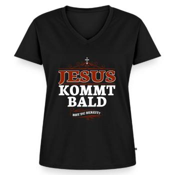 Jesus Christus kommt bald. Bist du bereit? - Frauen Premium Bio T-Shirt mit V-Ausschnitt - Schwarz - Vorne - AI Model Female 172 light (172cm)