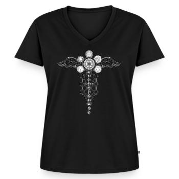 Winged Metatron Dna Platonic Solids - Women's Premium Organic V-neck T-shirt - black - Front - AI Model Female 172 light (172cm)
