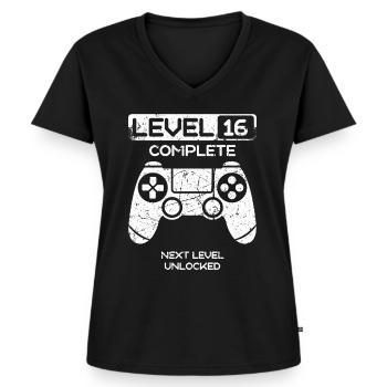 16. Geburtstag 16 Jahre Gamer Level Complete - Frauen Premium Bio T-Shirt mit V-Ausschnitt - Schwarz - Vorne - AI Model Female 172 light (172cm)