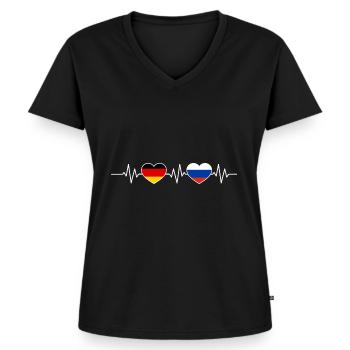Herzschlag Deutschland Russland - Frauen Premium Bio T-Shirt mit V-Ausschnitt - Schwarz - Vorne - AI Model Female 172 light (172cm)