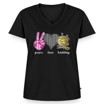 Knitting Knitter Peace Love - Frauen Premium Bio T-Shirt mit V-Ausschnitt - Schwarz - Vorne - AI Model Female 172 light (172cm)