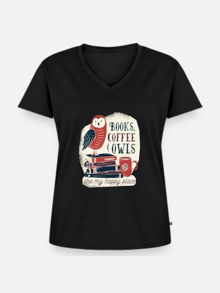 Bücher Kaffee und Eulen - Frauen Premium Bio T-Shirt mit V-Ausschnitt - Schwarz
