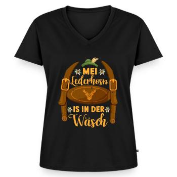 Münchner Volksfest MEI LEDERHOSEN IS IN DA WÄSCH - Frauen Premium Bio T-Shirt mit V-Ausschnitt - Schwarz - Vorne - AI Model Female 172 light (172cm)