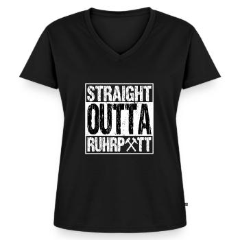 Ruhrpott Ruhrgebiet Bergbau Straight Outta Shirt - Frauen Premium Bio T-Shirt mit V-Ausschnitt - Schwarz - Vorne - AI Model Female 172 light (172cm)