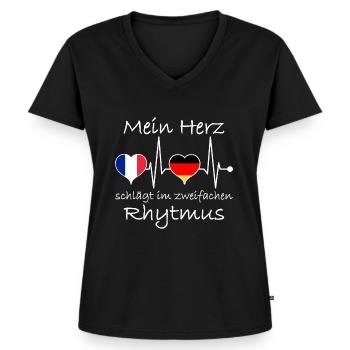 Frankreich Deutschland Flagge Herzschlag - Frauen Premium Bio T-Shirt mit V-Ausschnitt - Schwarz - Vorne - AI Model Female 172 light (172cm)