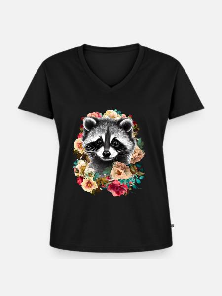 Waschbär Blumen - Frauen Premium Bio T-Shirt mit V-Ausschnitt - Schwarz