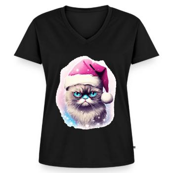 Katze Mit Weihnachtsmütze Weihnachten Outfit - Frauen Premium Bio T-Shirt mit V-Ausschnitt - Schwarz - Vorne - AI Model Female 172 light (172cm)