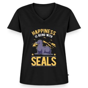 Robbe Glück Sea Lion Seelöwe - Women's Premium Organic V-neck T-shirt - black - Front - AI Model Female 172 light (172cm)