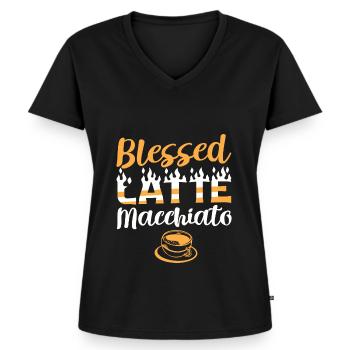 Buveur de caféine de café Latte Macchiato - T-shirt encolure en V Premium bio Femme - noir - Devant - AI Model Female 172 light (172cm)