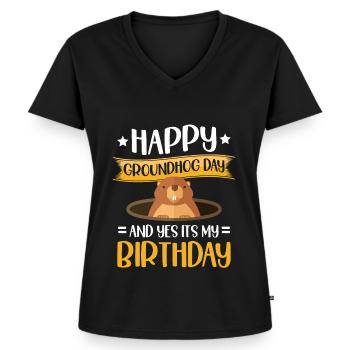 Happy Groundhog Day en ja, het is van mij - Vrouwen Premium Bio T-shirt met V-hals - zwart - Voor - AI Model Female 172 light (172cm)
