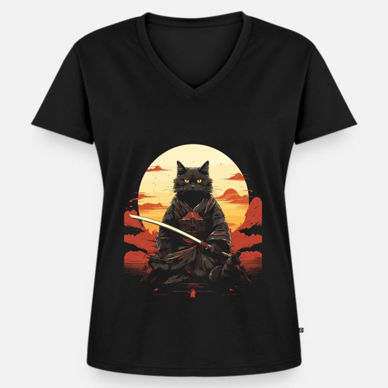 Ninja Cat Samurai Sword | Meow Warrior - Women's Premium Organic V-neck T-shirt - black