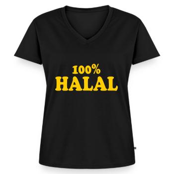 Halal - Frauen Premium Bio T-Shirt mit V-Ausschnitt - Schwarz - Vorne - AI Model Female 172 light (172cm)