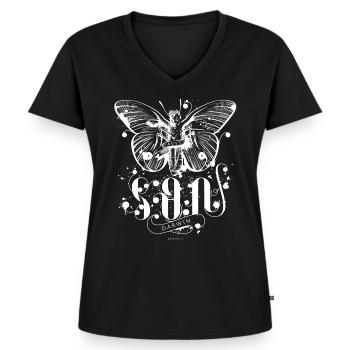 Schmetterling - Sohn von Darwin - Frauen Premium Bio T-Shirt mit V-Ausschnitt - Schwarz - Vorne - AI Model Female 172 light (172cm)