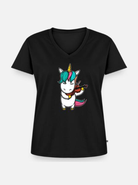 Einhorn Geige Streichinstrument - Frauen Premium Bio T-Shirt mit V-Ausschnitt - Schwarz