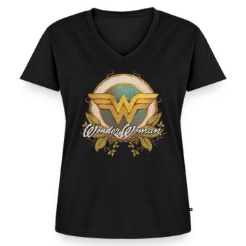 DC Comics Wonder Woman Logo mit Ranken - Frauen Premium Bio T-Shirt mit V-Ausschnitt - Schwarz - Vorne - AI Model Female 172 light (172cm)
