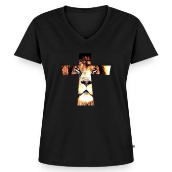 löwe Kreuz Geschenkidee Geburtstag - Frauen Premium Bio T-Shirt mit V-Ausschnitt - Schwarz - Vorne - AI Model Female 172 light (172cm)