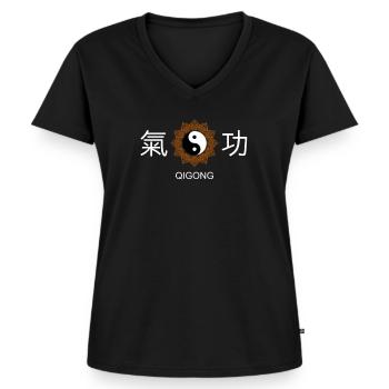 Qigong Yin Yang Mandala Meditation Geschenkidee - Frauen Premium Bio T-Shirt mit V-Ausschnitt - Schwarz - Vorne - AI Model Female 172 light (172cm)