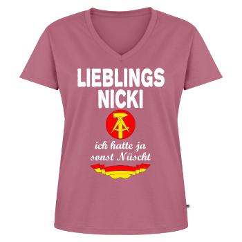 DDR Nicki Ossi Nostalgie Ostalgie - Frauen Premium Bio T-Shirt mit V-Ausschnitt - Mauve - Vorne - AI Model Female 172 dark (172cm)