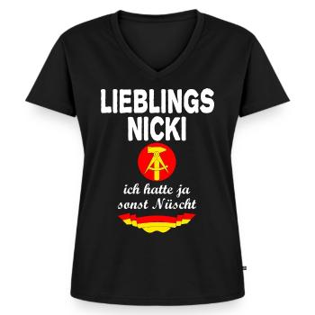 DDR Nicki Ossi Nostalgie Ostalgie - Frauen Premium Bio T-Shirt mit V-Ausschnitt - Schwarz - Vorne - AI Model Female 172 light (172cm)