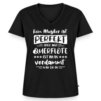 Querflöte Musiker Sprüche Lustig Humor Querflötist - Frauen Premium Bio T-Shirt mit V-Ausschnitt - Schwarz - Vorne - AI Model Female 172 light (172cm)