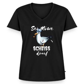 Sei Möwe und Scheiß drauf Spruch Meer Norddeutsch - Frauen Premium Bio T-Shirt mit V-Ausschnitt - Schwarz - Vorne - AI Model Female 172 light (172cm)