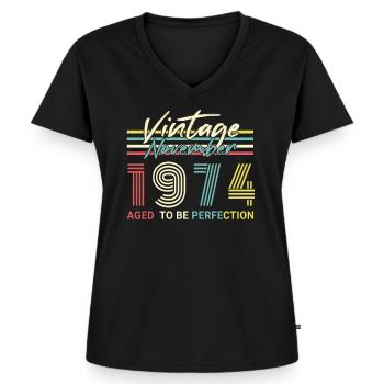 Born in November 1974 Retro - Women's Premium Organic V-neck T-shirt - black - Front - AI Model Female 172 light (172cm)