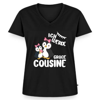 Große Cousine Pinguin Ich werde große Cousine - Frauen Premium Bio T-Shirt mit V-Ausschnitt - Schwarz - Vorne - AI Model Female 172 light (172cm)
