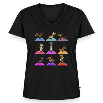 Yoga Hunderasse Dackel Meditierende Haustiere - Frauen Premium Bio T-Shirt mit V-Ausschnitt - Schwarz - Vorne - AI Model Female 172 light (172cm)