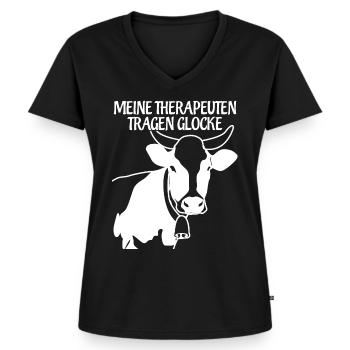 Allgäu Kuh mit Glocke Kuhglocke Allgäuer - Frauen Premium Bio T-Shirt mit V-Ausschnitt - Schwarz - Vorne - AI Model Female 172 light (172cm)