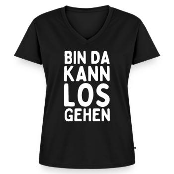 Bin da kann los gehen - Lustiger Spruch Statement - Frauen Premium Bio T-Shirt mit V-Ausschnitt - Schwarz - Vorne - AI Model Female 172 light (172cm)