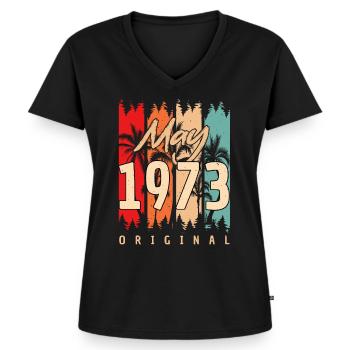 Born 1973 May - Women's Premium Organic V-neck T-shirt - black - Front - AI Model Female 172 light (172cm)