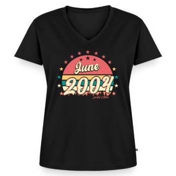 Finally 18 June 2004 - Women's Premium Organic V-neck T-shirt - black - Front - AI Model Female 172 light (172cm)