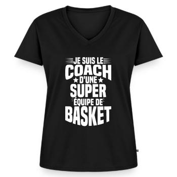 Je suis le coach d'une super équipe de basket - T-shirt encolure en V Premium bio Femme - noir - Devant - AI Model Female 172 light (172cm)