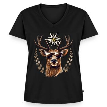 Hirsch T-Shirt Herren Trachtenshirt Ersatz Tracht - Frauen Premium Bio T-Shirt mit V-Ausschnitt - Schwarz - Vorne - AI Model Female 172 light (172cm)