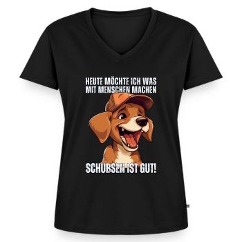 Süßer Cartoon Hund: "Heute Menschen schubsen" - Frauen Premium Bio T-Shirt mit V-Ausschnitt - Schwarz - Vorne - AI Model Female 172 light (172cm)