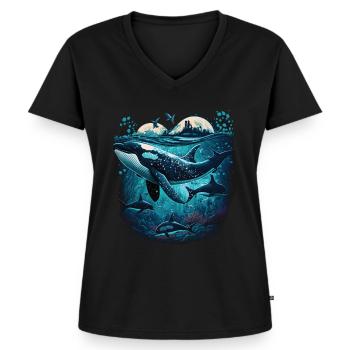 Bunter Schwertwal Wale beobachten Orca Wal - Frauen Premium Bio T-Shirt mit V-Ausschnitt - Schwarz - Vorne - AI Model Female 172 light (172cm)