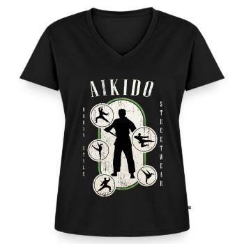 Aïkido Arts Martiaux Arts Martiaux Combattant Vintage Rétro - T-shirt encolure en V Premium bio Femme - noir - Devant - AI Model Female 172 light (172cm)