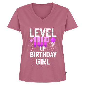 Joyeux anniversaire, Gamer Girl: Bold Pixel Fun Gift - T-shirt encolure en V Premium bio Femme - mauve - Devant - AI Model Female 172 dark (172cm)
