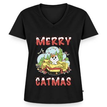 Merry Catmas Cat Christmas Christmas Tree Cartoon - Women's Premium Organic V-neck T-shirt - black - Front - AI Model Female 172 light (172cm)