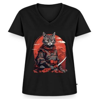 Samurai Katze Japan - Frauen Premium Bio T-Shirt mit V-Ausschnitt - Schwarz - Vorne - AI Model Female 172 light (172cm)