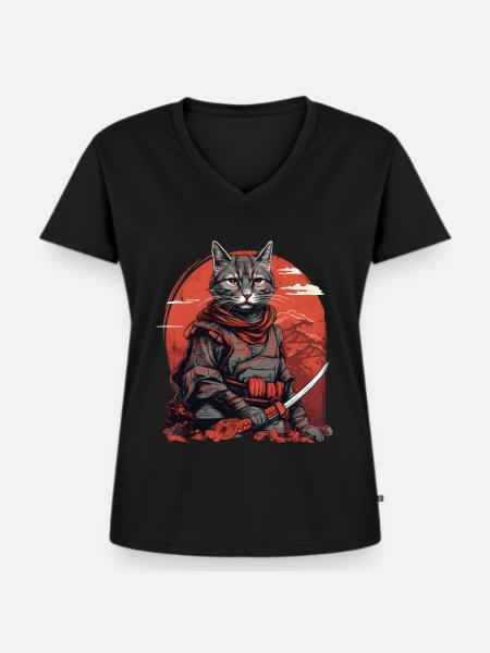 Samurai Katze Japan - Frauen Premium Bio T-Shirt mit V-Ausschnitt - Schwarz