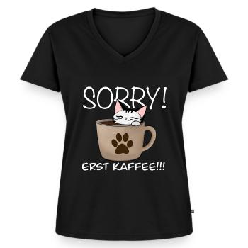 Sorry erst kaffe Katze - Frauen Premium Bio T-Shirt mit V-Ausschnitt - Schwarz - Vorne - AI Model Female 172 light (172cm)